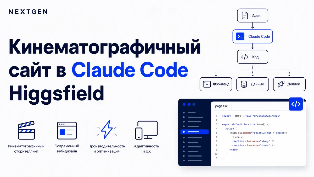 Кинематографичный сайт в Claude Code: AI-видео-герой через Higgsfield