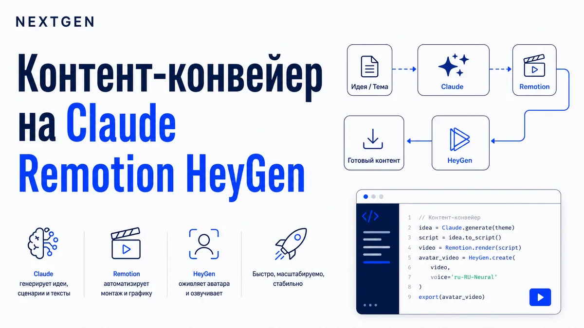 Контент-конвейер на Claude: Remotion + HeyGen без монтажа и камеры