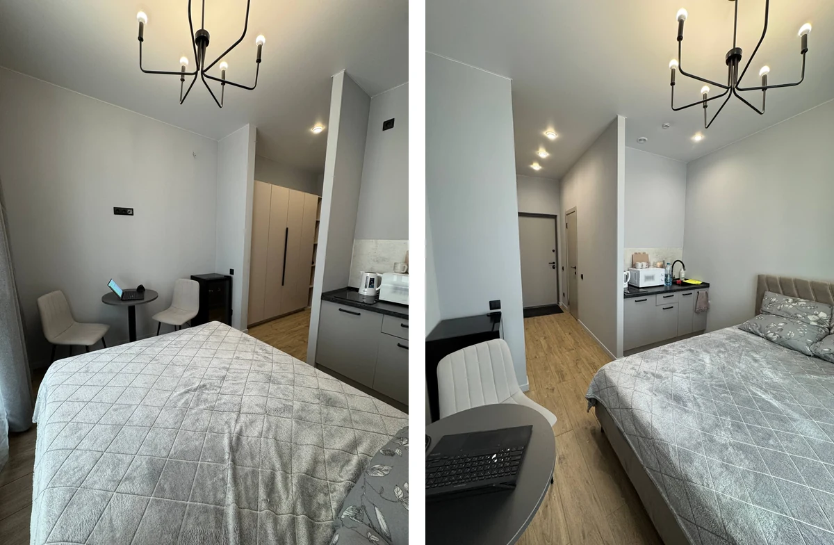 Студия 18 м²: кровать, обеденная зона и кухонный блок